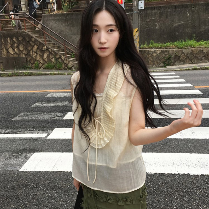 韩国代购直邮2026夏Daybin甜美少女风V领无袖雪纺木耳边轻薄衬衫