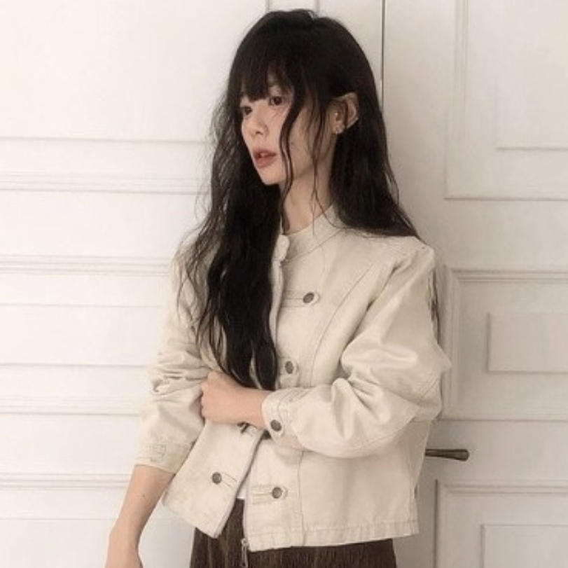 韩国代购直邮2026秋Vinvle学院风立领卡其色减龄双排扣短款外套女