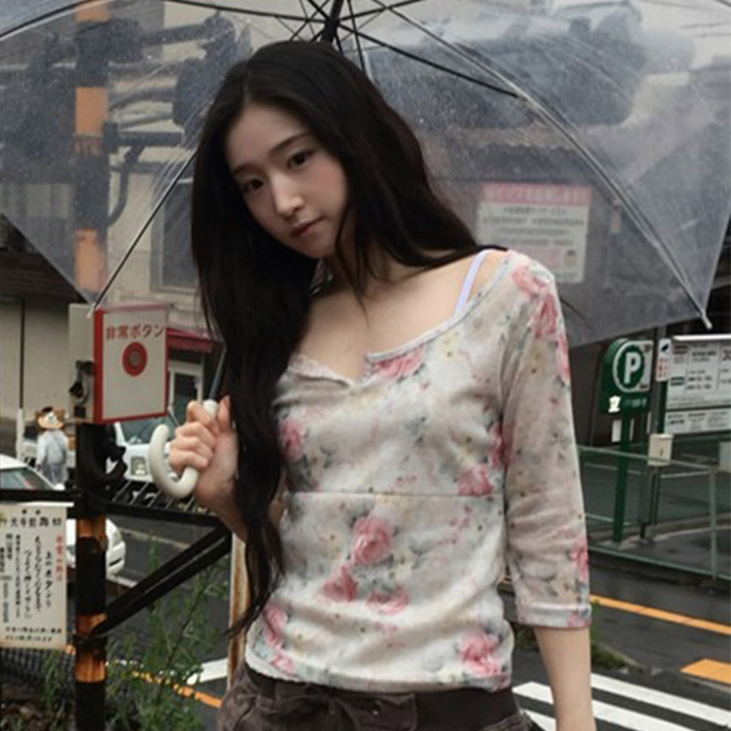 韩国代购直邮2026夏Daybin复古法式方领印花复古修身花朵长袖T恤