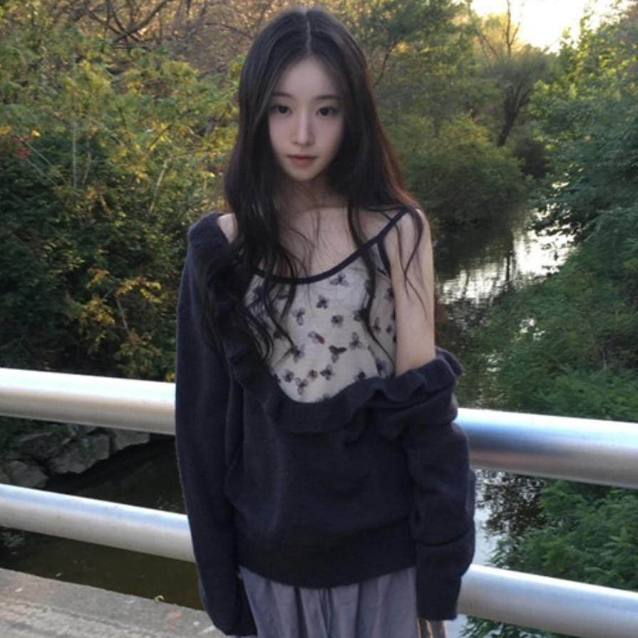 韩国代购直邮2026秋Daybin百搭显瘦甜美纯色荷叶边U领叠穿毛衣女