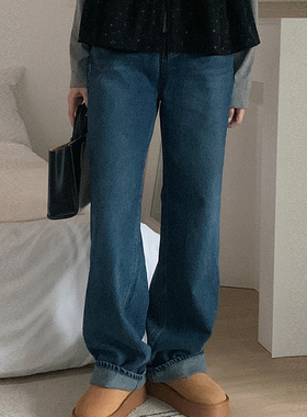 韩国代购直邮Heylady冬极简街头百搭高腰口袋微喇叭阔腿牛仔裤女
