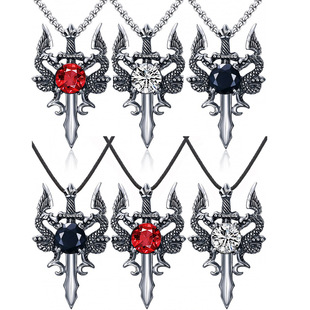 wish跨境新款个性设计双龙红宝石十字架项链男女双龙吊坠不锈钢