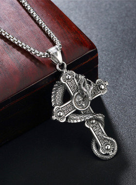 新款欧美钛钢项链十字架神龙吊坠复古朋克不锈钢项链厂家饰品