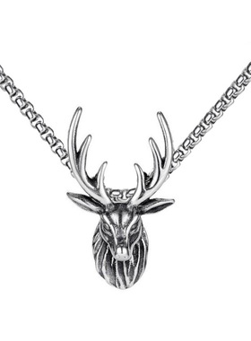 跨境外贸热卖复古钛钢吊坠项链欧美百搭一鹿角毛衣链厂家直销