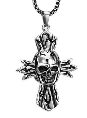 欧美不锈钢朋克骷髅头十字架项链钛钢个性男士吊坠摇滚配饰品挂坠