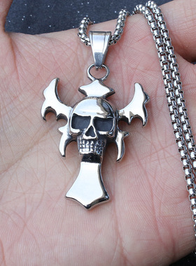 欧美时尚复古项链 霸气蝙蝠十字架骷髅吊坠 钛钢潮人个性不锈钢项