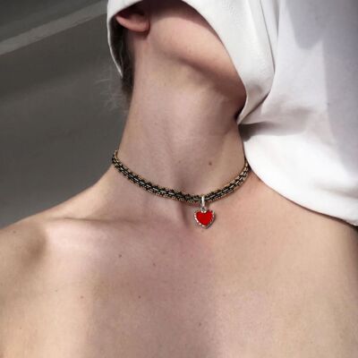 甜酷复古金银拼色编织 choker 红爱心吊坠甜酷风锁骨颈链不锈钢