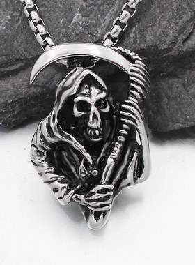 2023日韩骷髅死神镰刀吊坠项链霸气个性钛钢朋克潮男项坠不锈钢