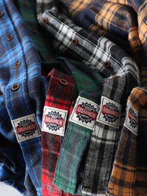 方领长袖日系复古格子衬衫