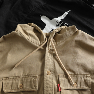 男女休闲连帽廓形外套 衬衫 重磅日系复古水洗纯棉斜纹沙卡工装 长袖