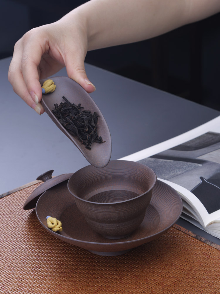 粗陶中式雕刻佛手茶则陶瓷禅意茶勺老岩泥仿柴烧复古茶荷茶道配件