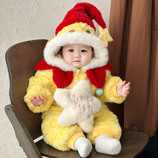 婴儿加绒加厚星星人连体衣冬季宝宝衣服幼儿保暖外出爬服毛绒周岁