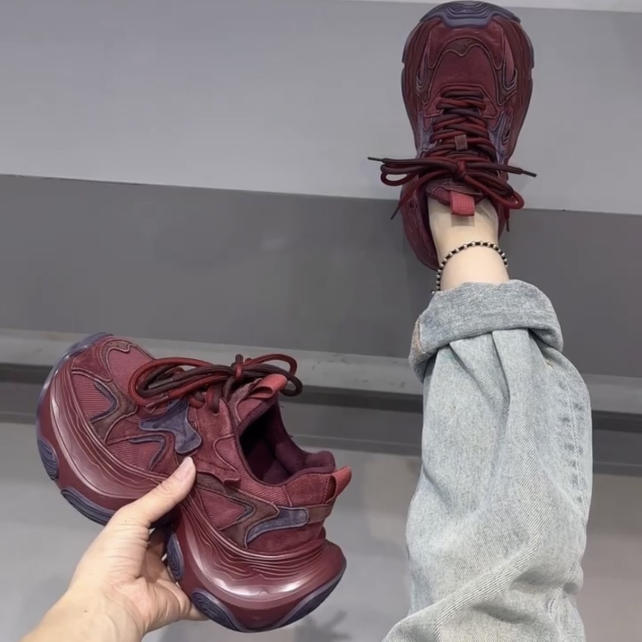 2024秋冬新款加绒显脚小厚底增高老爹鞋女复古拼色百搭运动休闲鞋