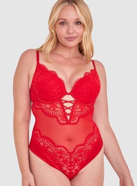 澳单bras 红色蕾丝薄纱丝质内搭性感连体衣钢圈上托集中文胸