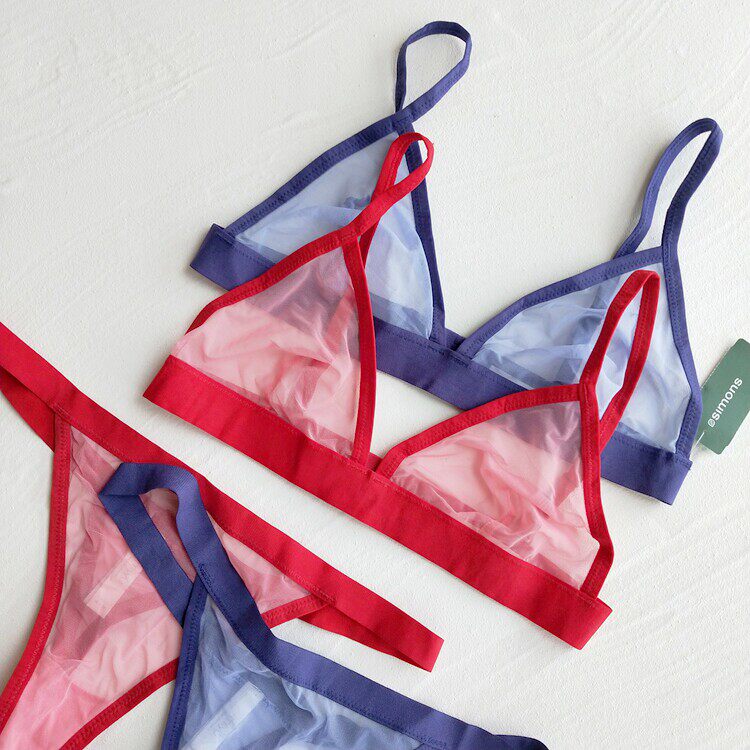 法单M 透明薄纱透气舒适高叉T裤法式无钢圈性感超薄文胸