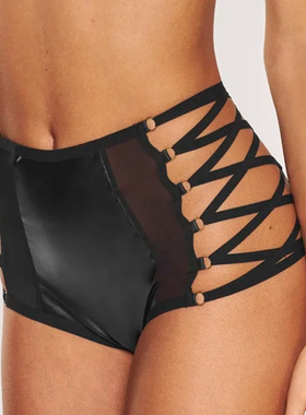 德国L家 皮革弹力松紧高腰三角镂空丰满胖妹大码加大码性感女内裤