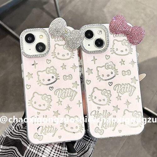 粉色闪粉HelloKitty蝴蝶结适用iPhone15promax苹果14手机壳13女12