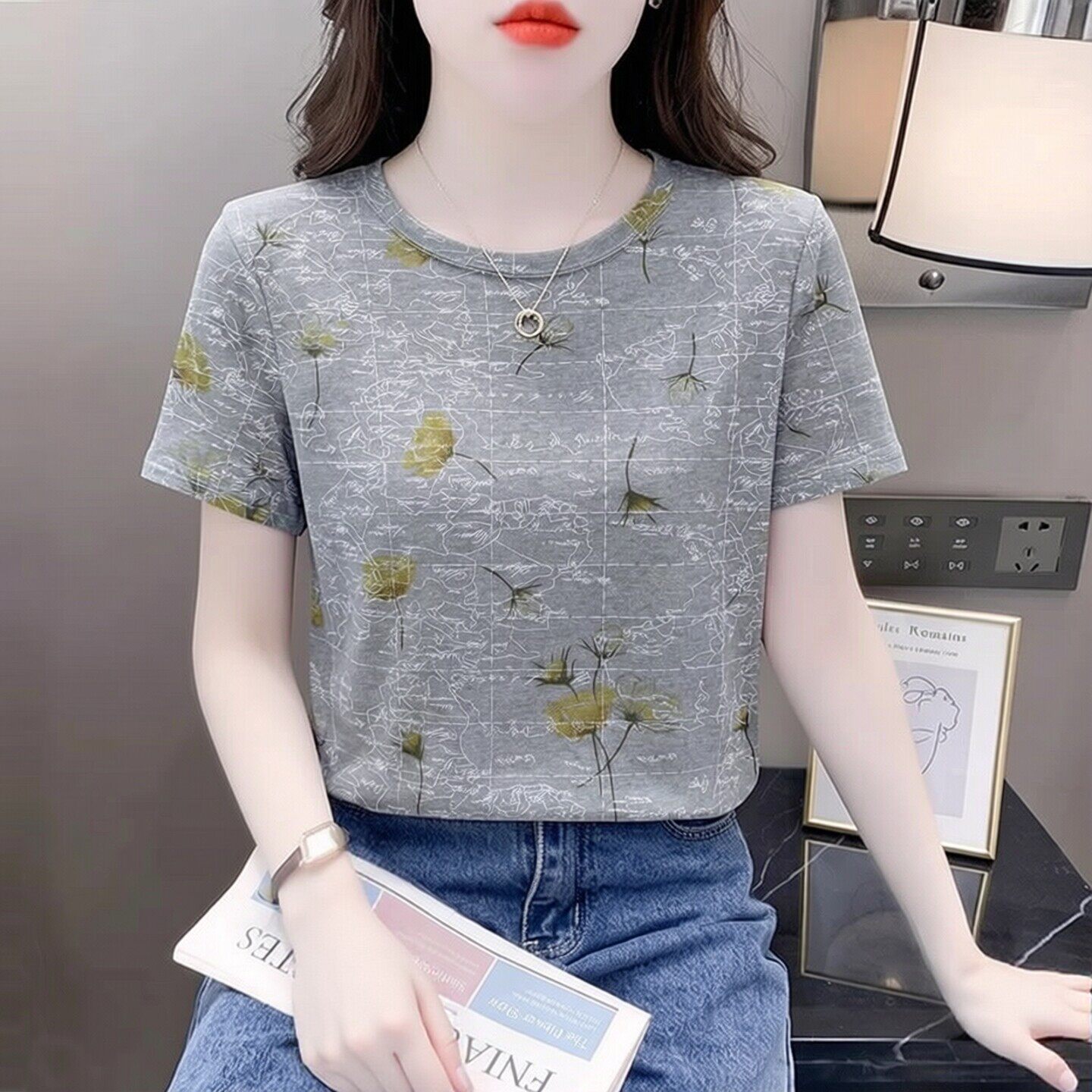 宽松休闲风短袖T恤女2026新款印花洋气显瘦圆领百搭上衣女装夏季