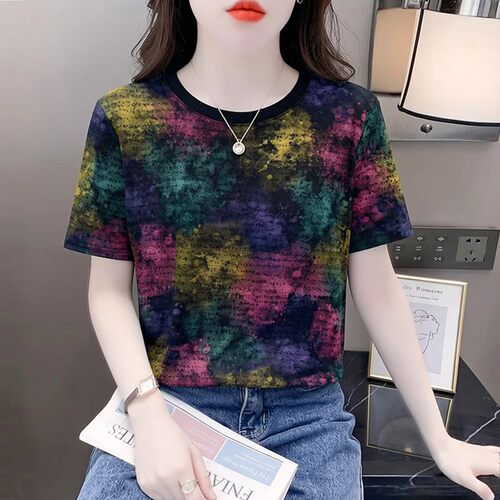 复古艺术扎染休闲混彩短袖t恤女