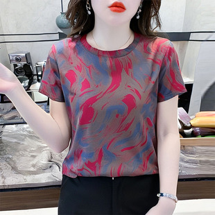 圆领女士t恤夏装 夏季 女拼色设计感上衣2025新款 宽松时尚 百搭短袖