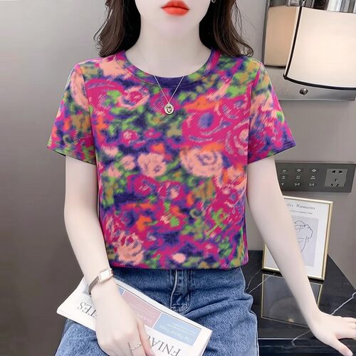 油画晕染花卉短袖T恤女夏季宽松