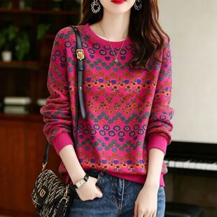 玫红民族风满印小圆花圆领卫衣女春秋款宽松显瘦复古休闲长袖上衣