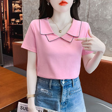 双层翻领v领纯棉短袖t恤女2025夏季新款半袖正肩上衣洋气百搭小衫