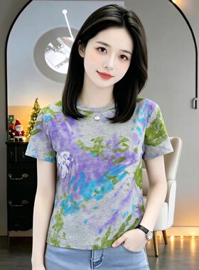 艺术扎染个性风撞色短袖T恤女夏季圆领休闲上衣2026新款体恤女装