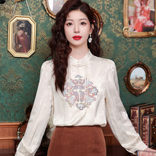 新中式国风衬衫女2025春季新款长袖立领盘扣衬衣女款气质刺绣上衣