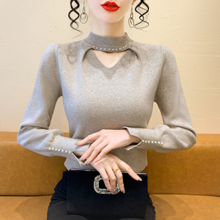 高级钉珠半高领毛衣女款2026新款秋冬修身针织衫内搭打底衫女上衣