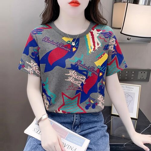 抽象涂鸦印花短袖T恤女夏季