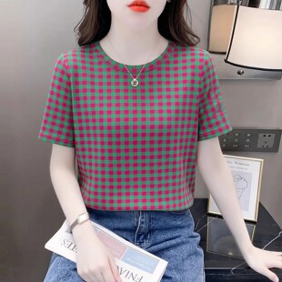 复古休闲轻熟风绿棋盘格T恤女夏季短袖2026新款宽松减龄百搭上衣