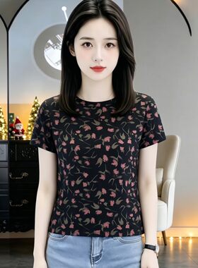 法式复古休闲风粉花短袖t恤女