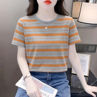 条纹短袖T恤女夏季简约百搭体恤女装2026新款宽松圆领显瘦上衣服