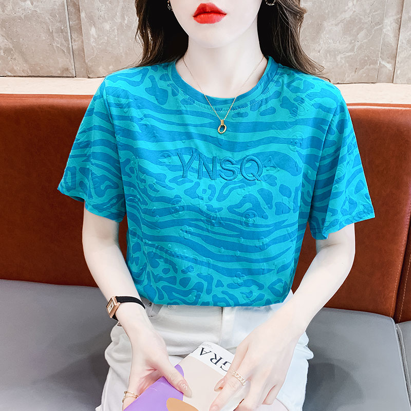 短袖豹纹字母刺绣纯棉上衣