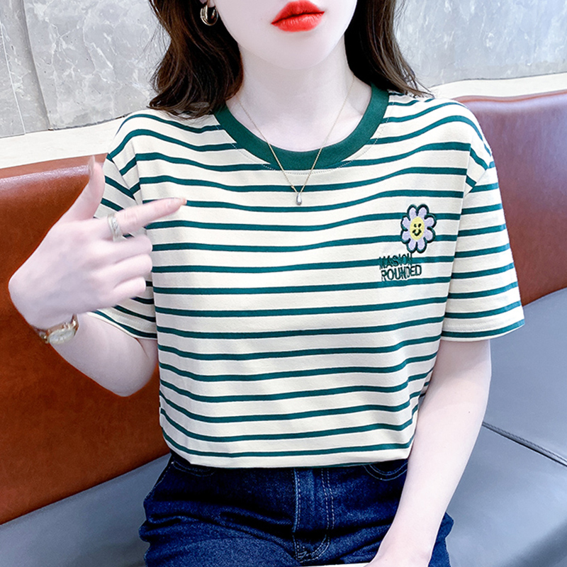 宽松韩版短袖纯棉条纹t恤