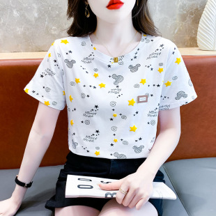 纯棉短袖 设计感休闲印花洋气百搭上衣 女t恤宽松遮肉显瘦夏季 女装