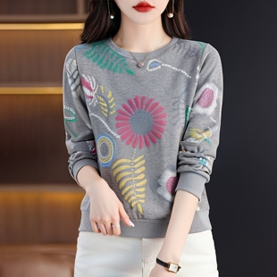 印花长袖 圆领女士卫衣韩版 百搭洋气新款 2026春季 上衣女宽松 春秋款