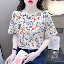 欧货短袖女夏季宽松卡通印花高档t恤上衣女装2025新款时尚雪纺衫