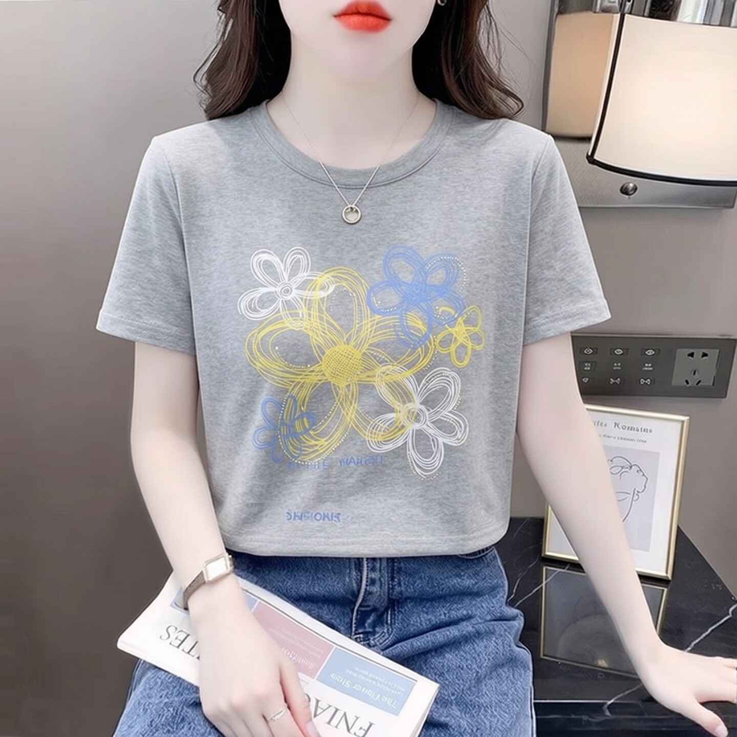 夏装欧货短袖正肩印花t恤女夏季宽松2026新款圆领减龄显瘦上衣服