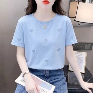 短袖女装爱心刺绣设计感上衣2026新款宽松女士t恤衫圆领体恤夏装