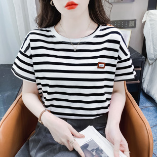 纯棉短袖 t恤女2025夏季 新款 条纹设计感小众百搭宽松洋气上衣夏装