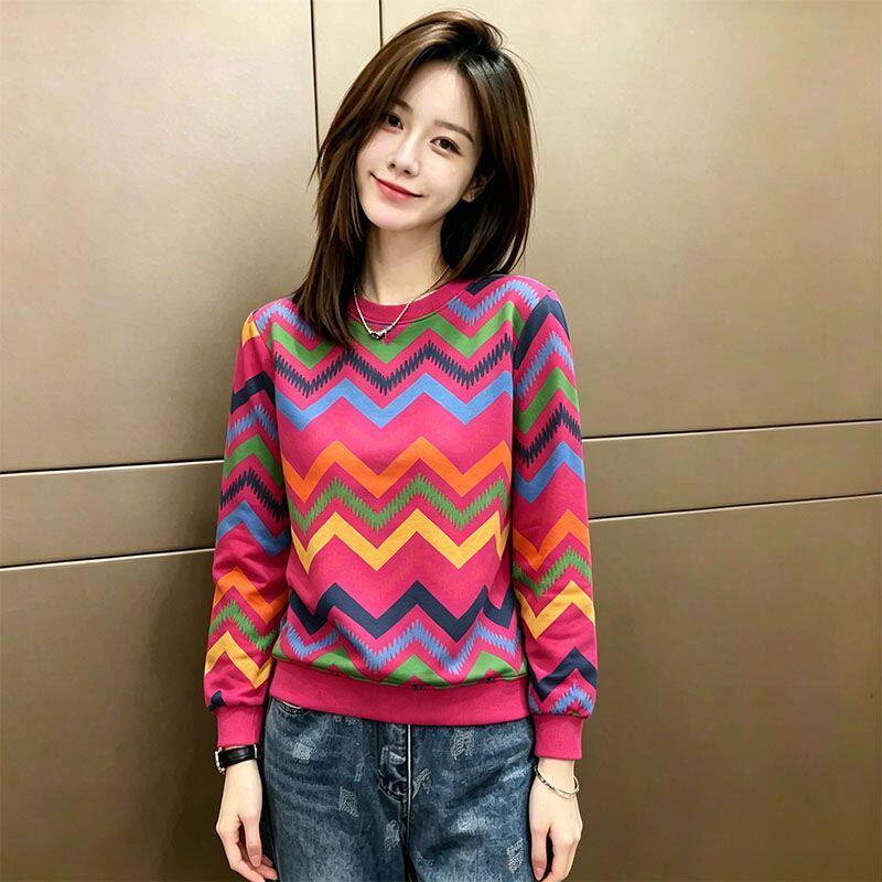 新款印花条纹卫衣女2026春秋季圆领宽松显瘦长袖减龄休闲百搭上衣