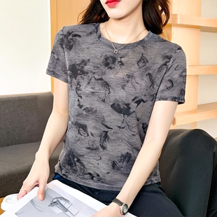 夏装短袖女款印花圆领减龄正肩t恤女2026年新款洋气显瘦上衣夏装