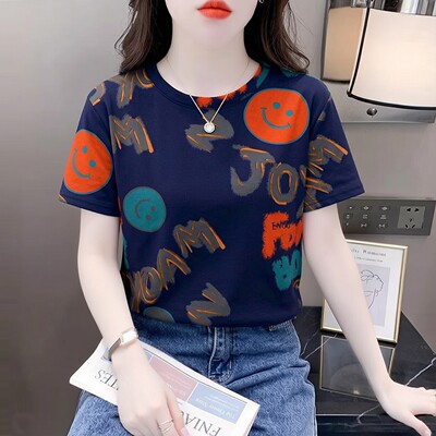 街头风藏青笑脸字母新款T恤女