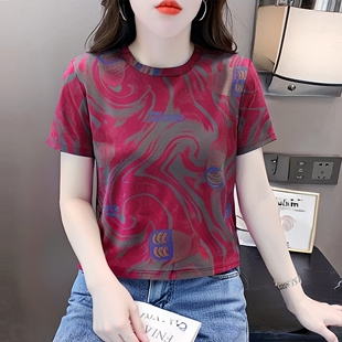 夏装2026新款时尚印花短袖女款洋气宽松显瘦别致纯棉t恤上衣女装