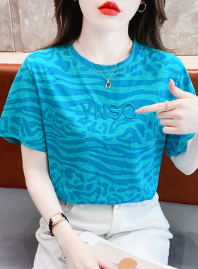 短袖豹纹刺绣纯棉t恤女