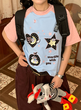 【新品买二送一】卡通星星印花短袖T恤女撞色波点插肩袖宽松上衣
