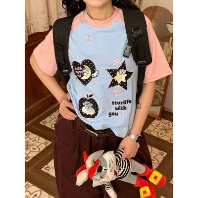 C2自制/卡通星星印花短袖T恤夏季新款女撞色波点插肩袖宽松上衣潮