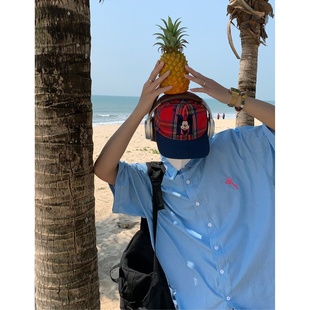 美式 衬衫 C2自制 复古小刺绣短袖 竖条纹宽松慵懒上衣 情侣夏季 半袖